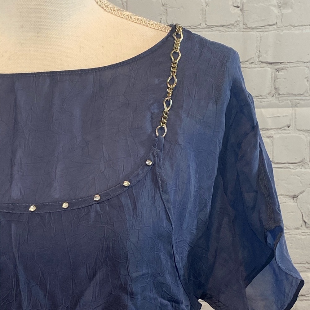 DOROTHY SCHOELLEN Blouse Layered Blue Embellished with Chain & Rhinestones-S/M